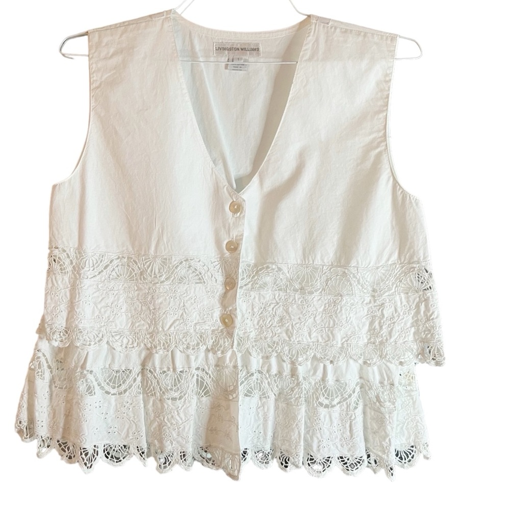 Livingston Williams Vintage White Cotton Ruffled Tiered Lace Sleeveless Top Sz L